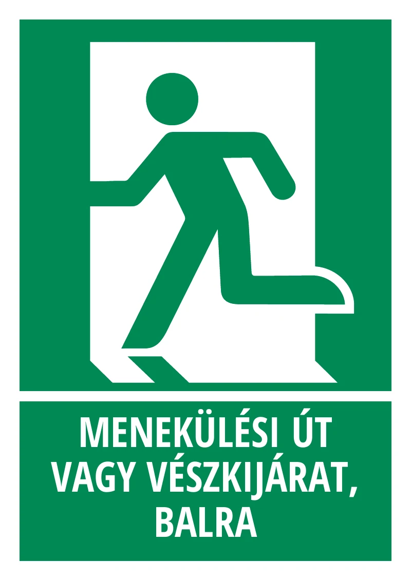 Menekülési út vagy vészkijárat, balra (felirattal)
